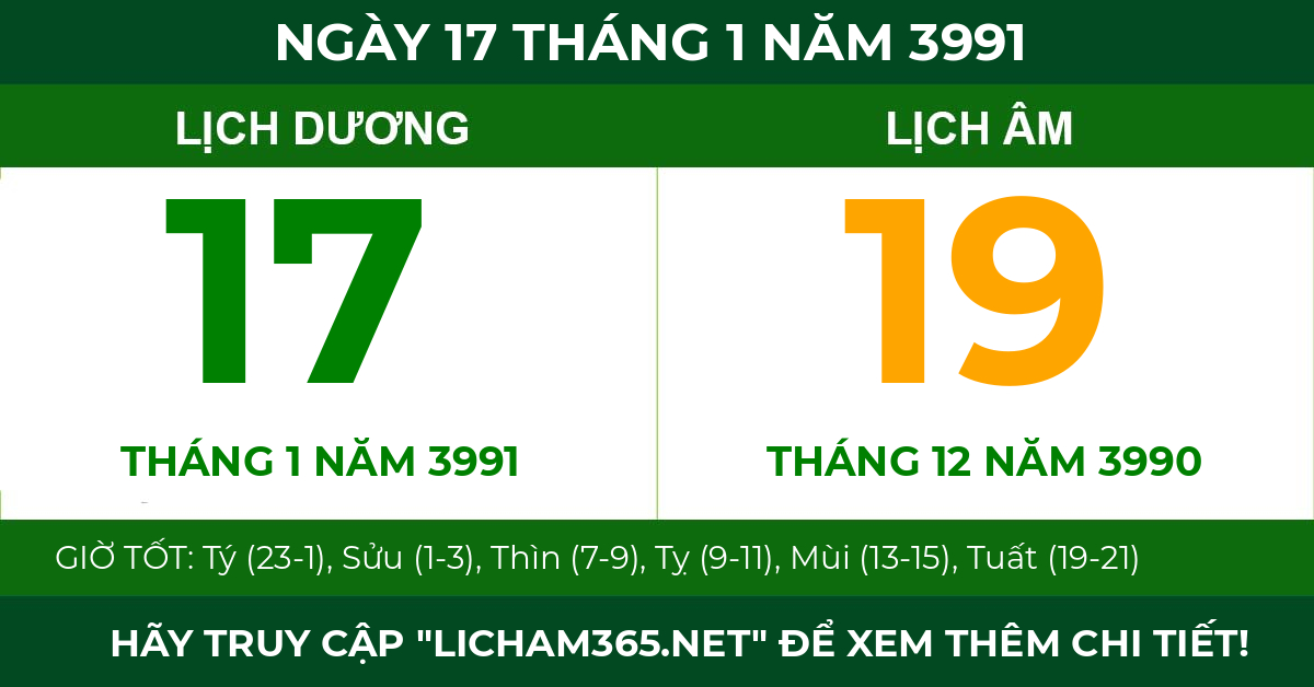 lịch âm ngày 17 tháng 1 năm 3991