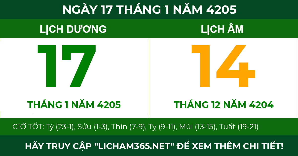 lịch âm ngày 17 tháng 1 năm 4205