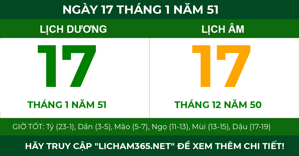 lịch âm ngày 17 tháng 1 năm 51