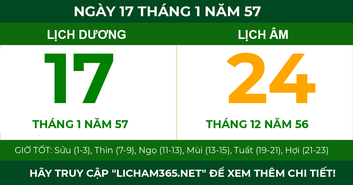 lịch âm ngày 17 tháng 1 năm 57