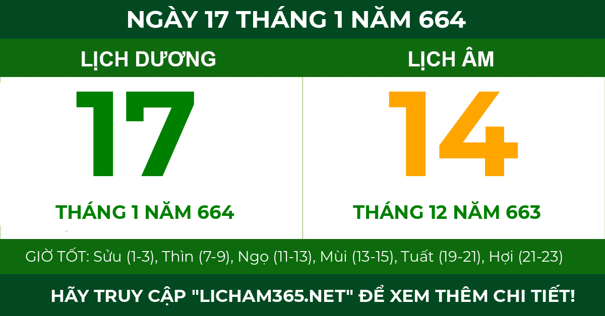 lịch âm ngày 17 tháng 1 năm 664