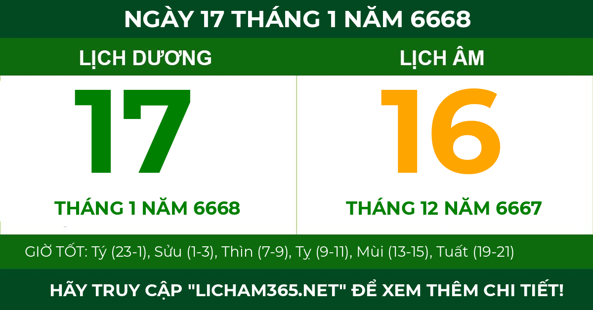 lịch âm ngày 17 tháng 1 năm 6668