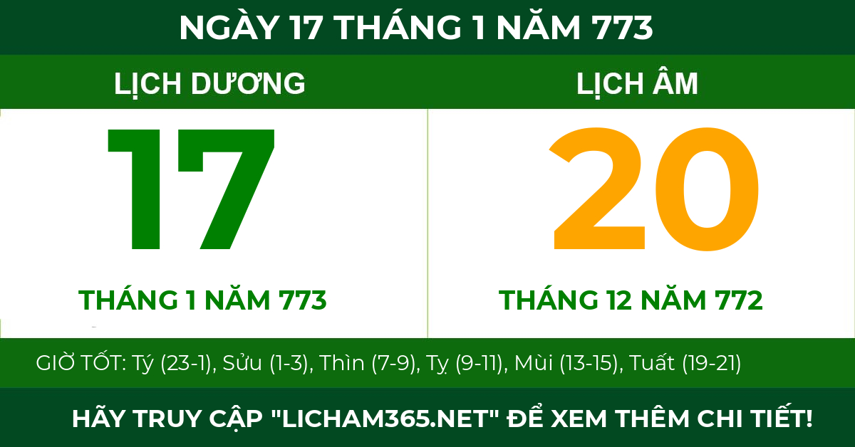 lịch âm ngày 17 tháng 1 năm 773
