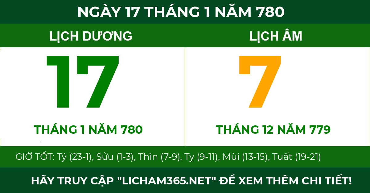 lịch âm ngày 17 tháng 1 năm 780