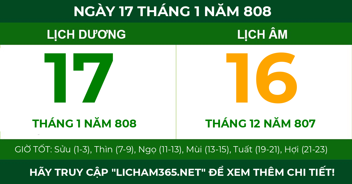 lịch âm ngày 17 tháng 1 năm 808