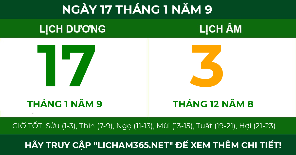 lịch âm ngày 17 tháng 1 năm 9