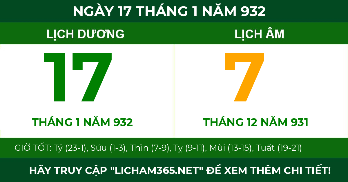 lịch âm ngày 17 tháng 1 năm 932