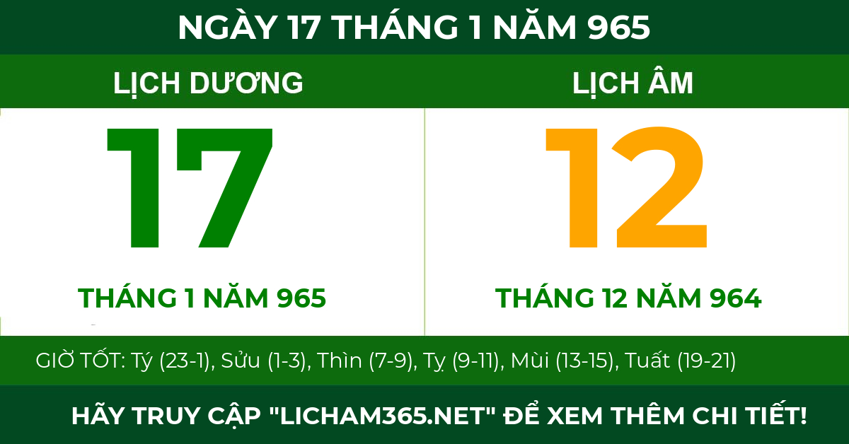 lịch âm ngày 17 tháng 1 năm 965