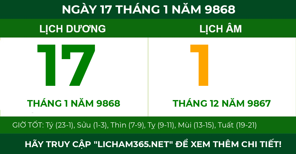 lịch âm ngày 17 tháng 1 năm 9868