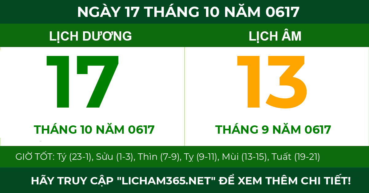 lịch âm ngày 17 tháng 10 năm 0617