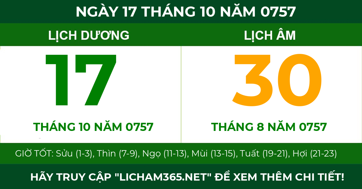 lịch âm ngày 17 tháng 10 năm 0757