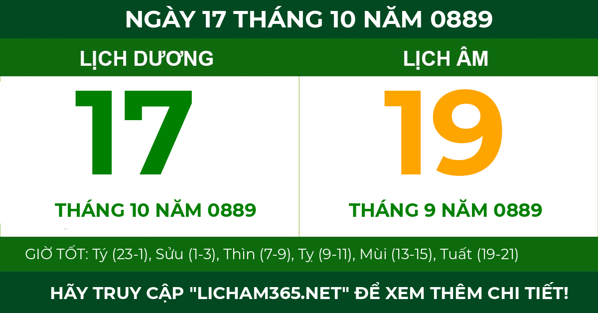 lịch âm ngày 17 tháng 10 năm 0889