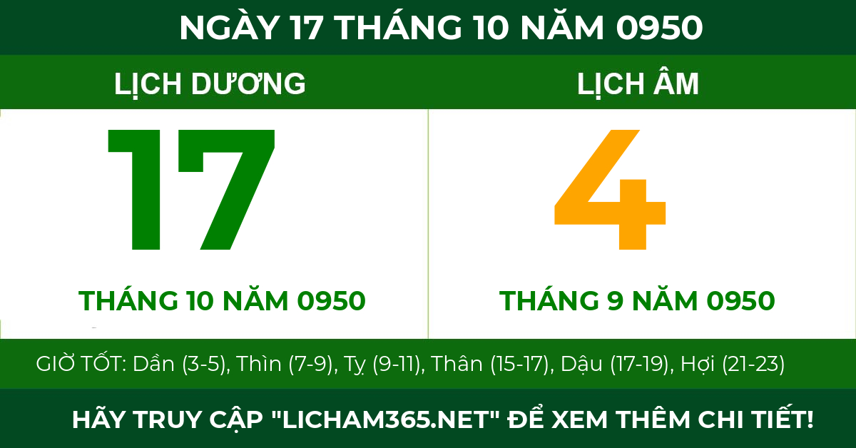lịch âm ngày 17 tháng 10 năm 0950