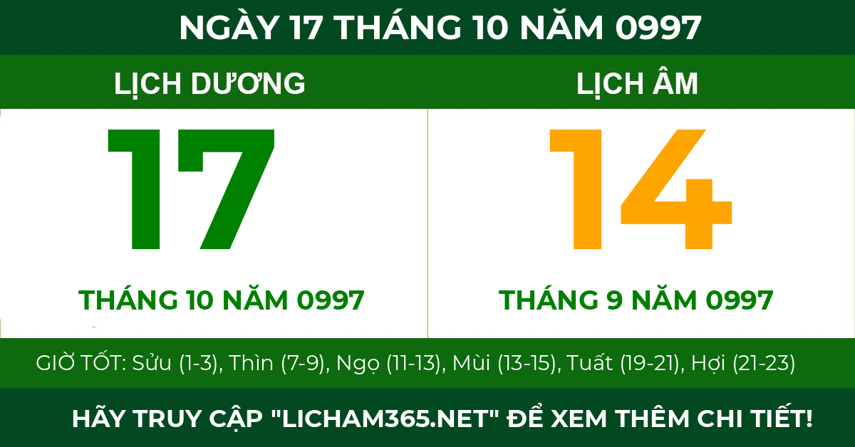 lịch âm ngày 17 tháng 10 năm 0997