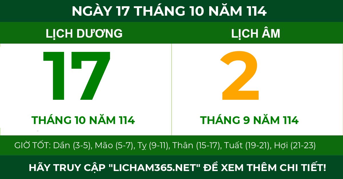 lịch âm ngày 17 tháng 10 năm 114