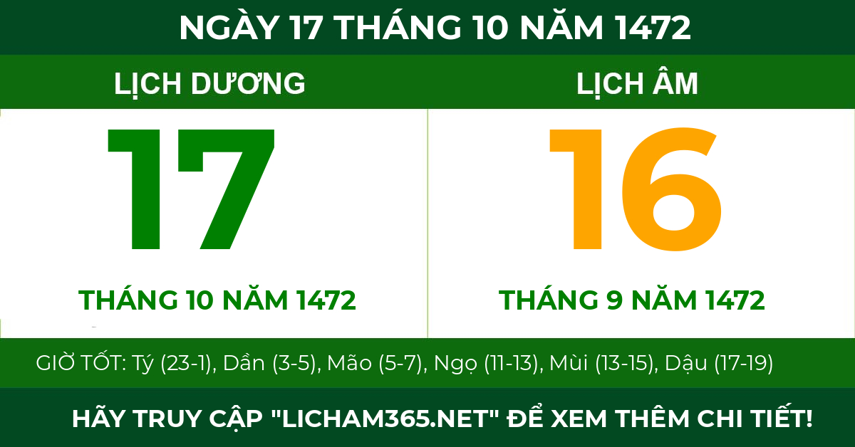 lịch âm ngày 17 tháng 10 năm 1472