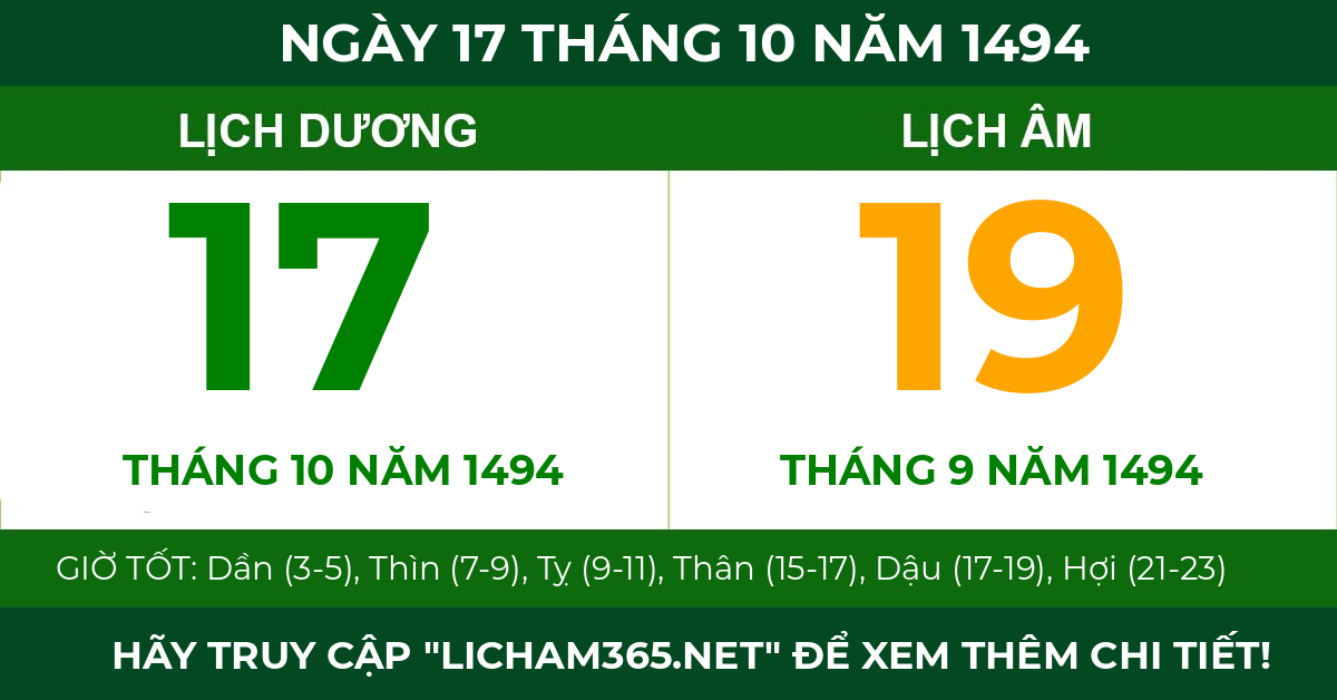 lịch âm ngày 17 tháng 10 năm 1494