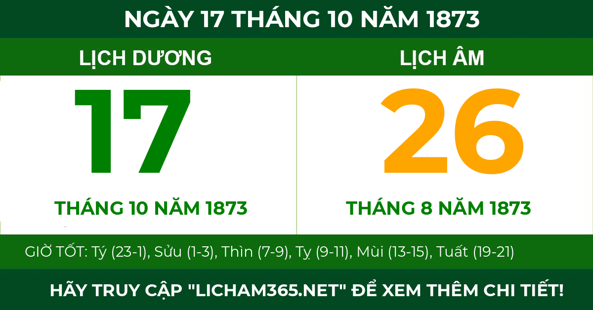 lịch âm ngày 17 tháng 10 năm 1873