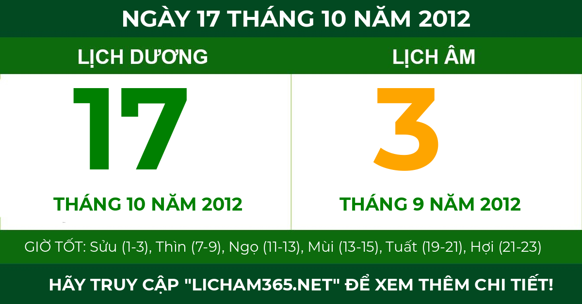 lịch âm ngày 17 tháng 10 năm 2012