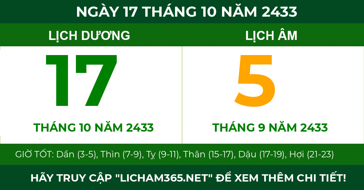 lịch âm ngày 17 tháng 10 năm 2433