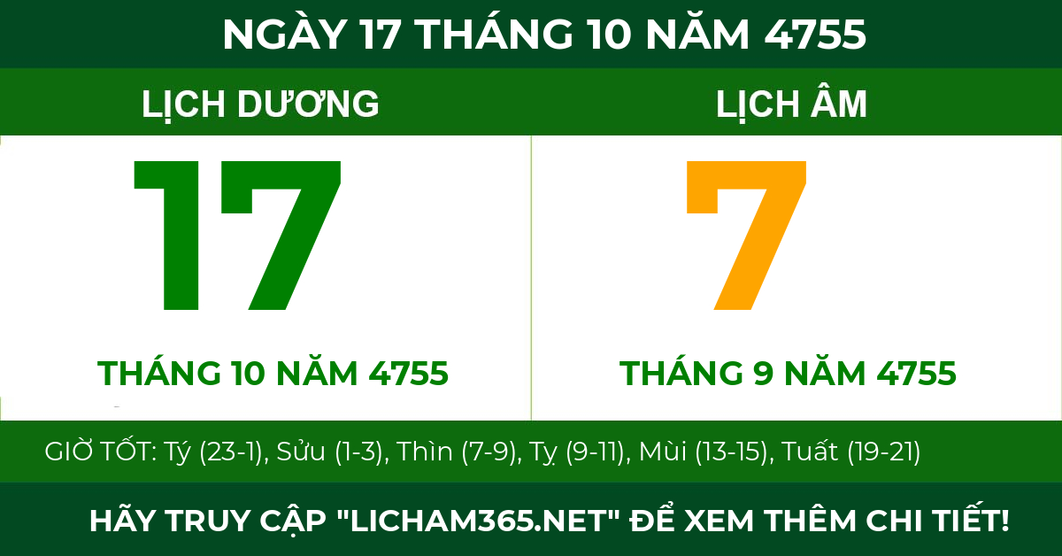 lịch âm ngày 17 tháng 10 năm 4755