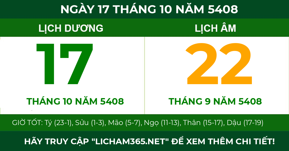 lịch âm ngày 17 tháng 10 năm 5408