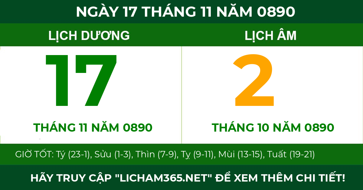 lịch âm ngày 17 tháng 11 năm 0890