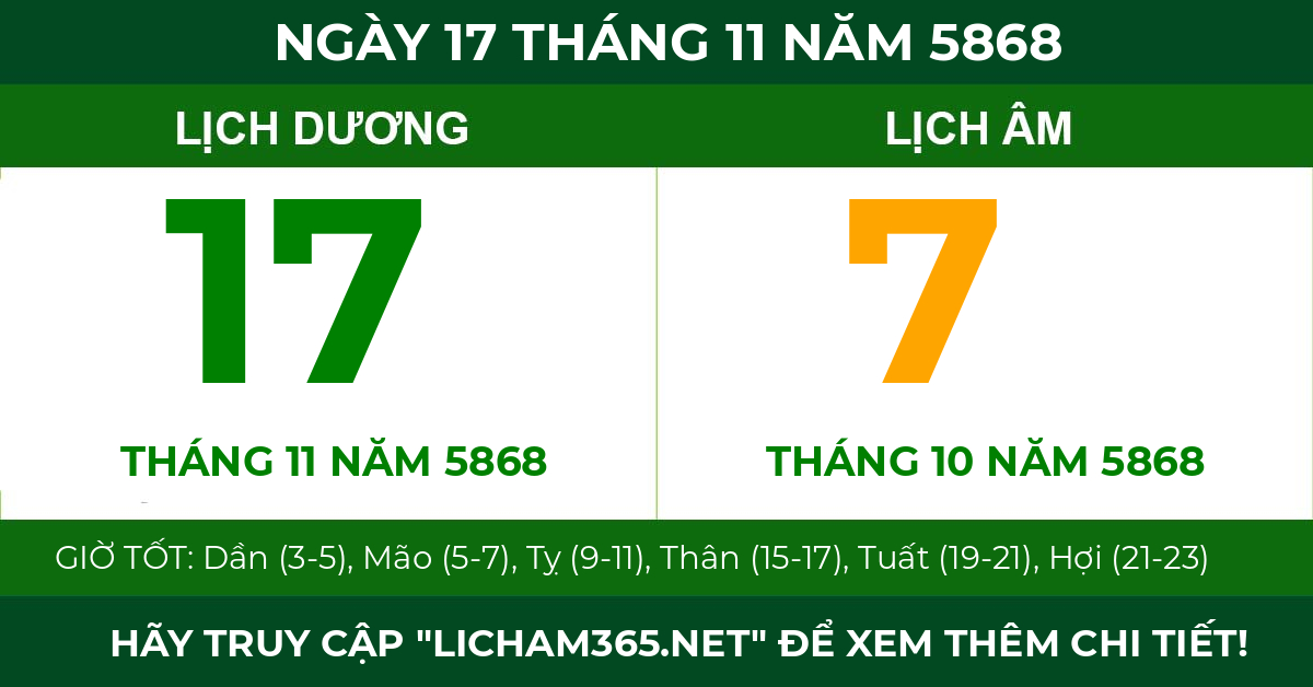 lịch âm ngày 17 tháng 11 năm 5868