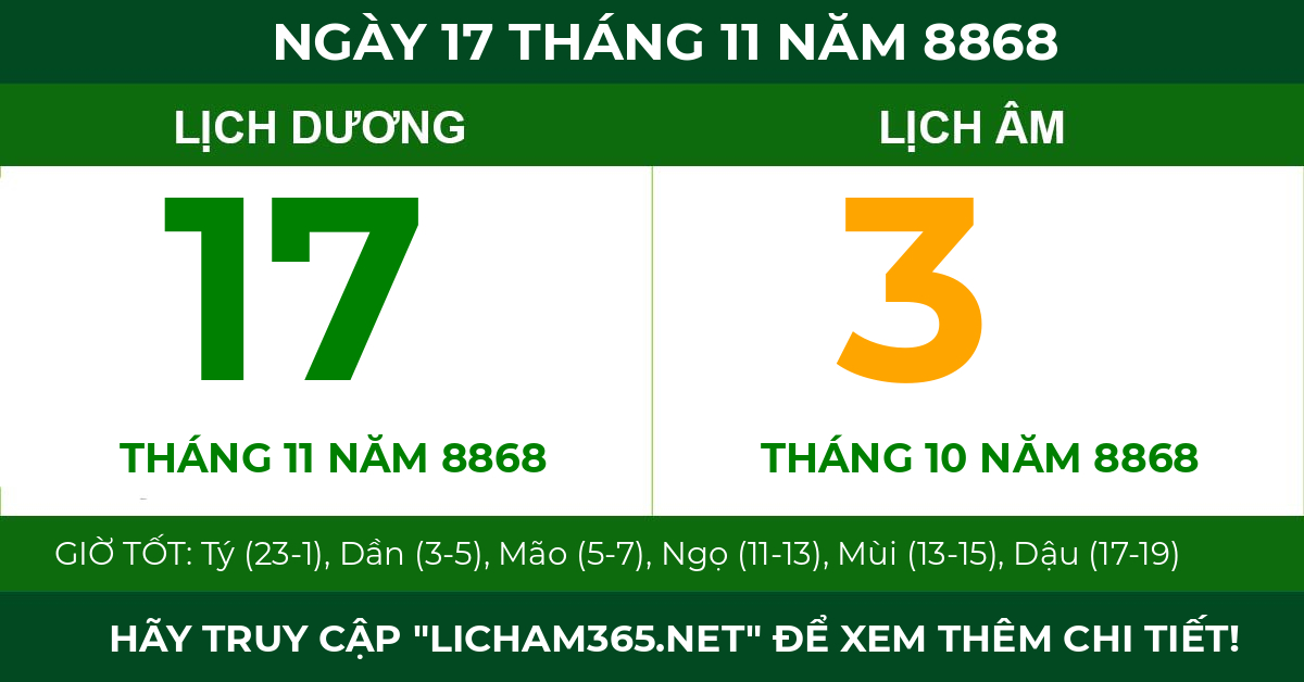 lịch âm ngày 17 tháng 11 năm 8868