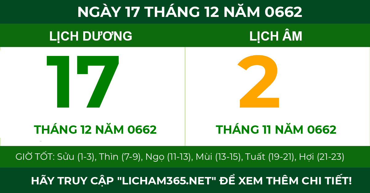 lịch âm ngày 17 tháng 12 năm 0662