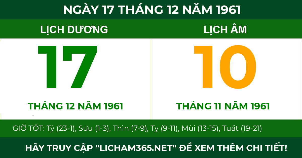 lịch âm ngày 17 tháng 12 năm 1961