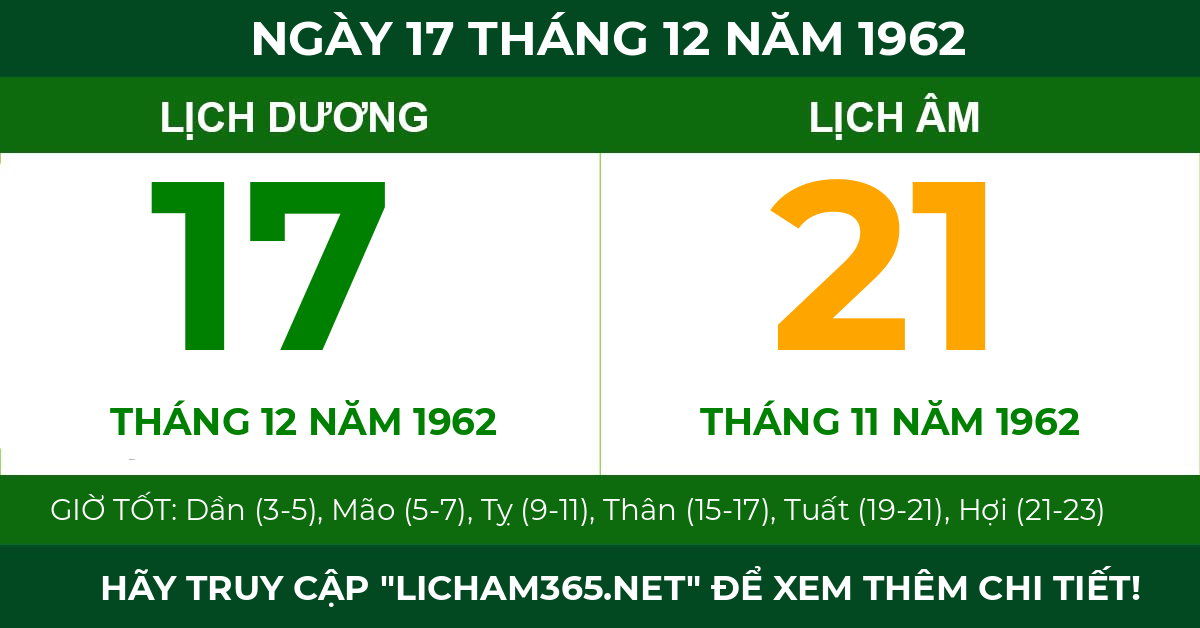 lịch âm ngày 17 tháng 12 năm 1962