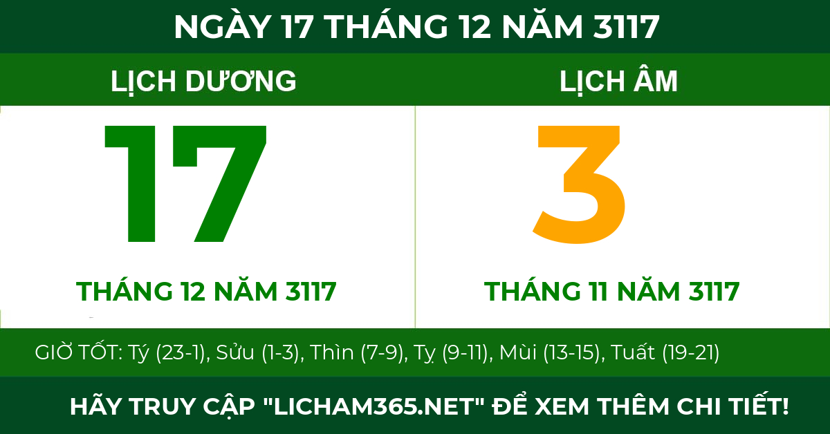 lịch âm ngày 17 tháng 12 năm 3117