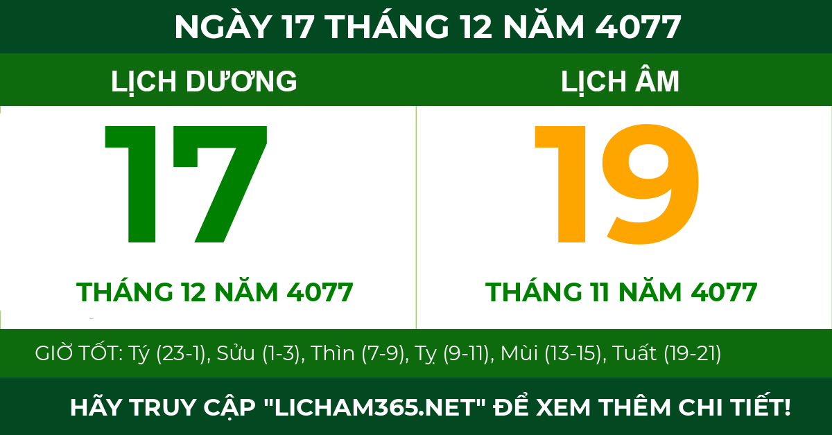 lịch âm ngày 17 tháng 12 năm 4077