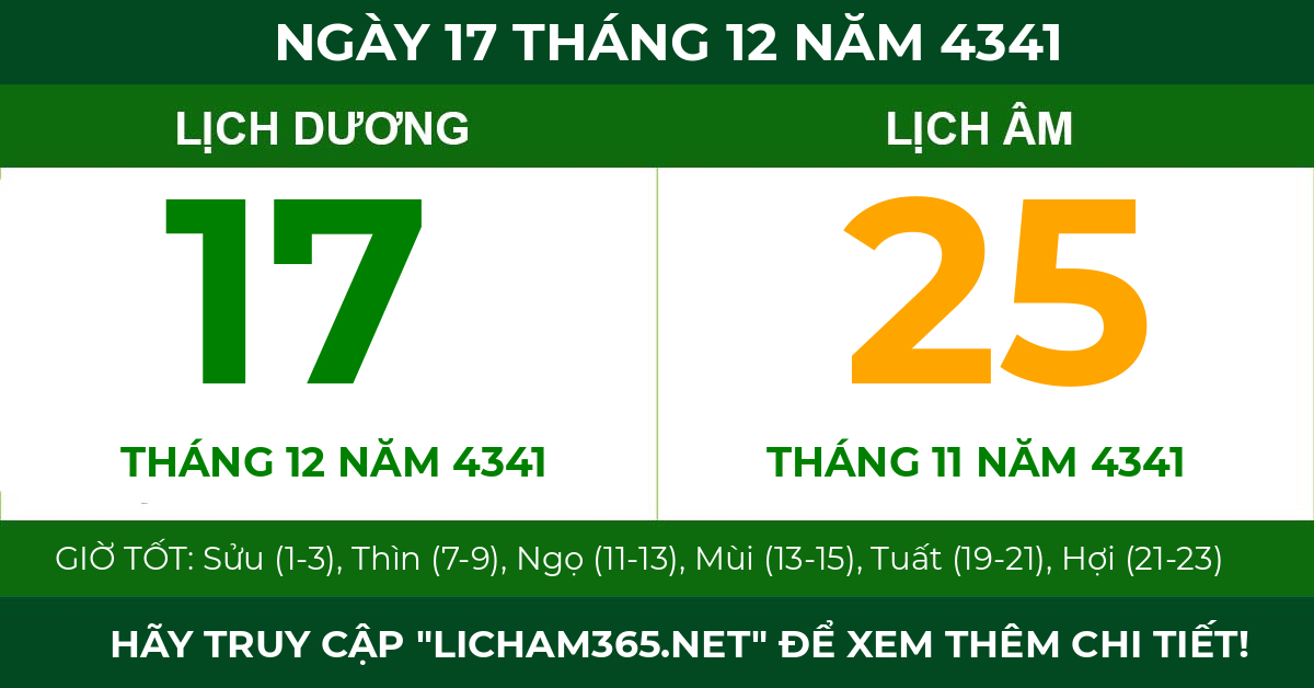 lịch âm ngày 17 tháng 12 năm 4341