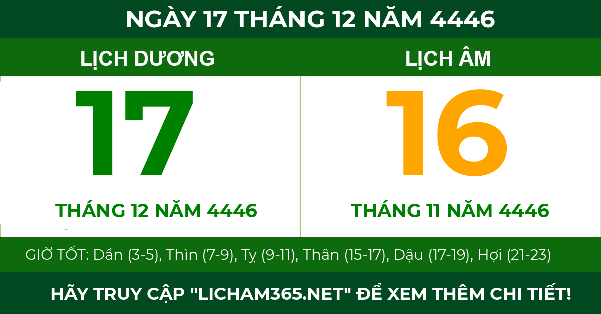 lịch âm ngày 17 tháng 12 năm 4446