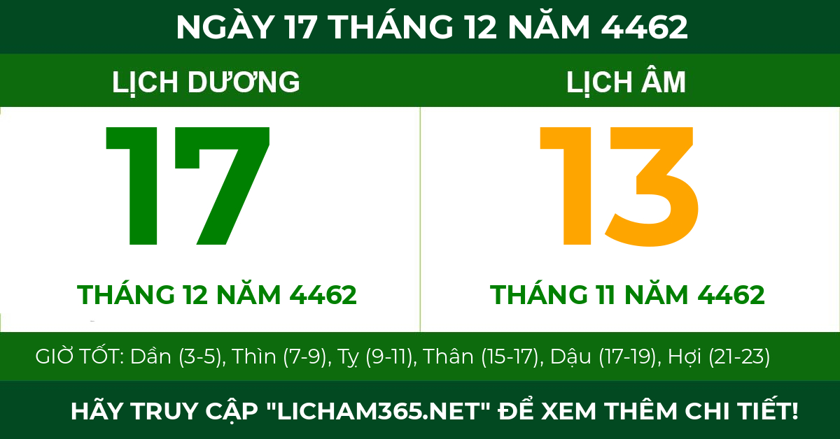lịch âm ngày 17 tháng 12 năm 4462