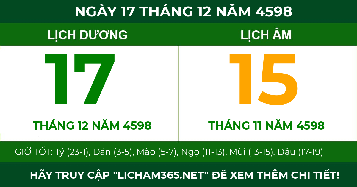 lịch âm ngày 17 tháng 12 năm 4598
