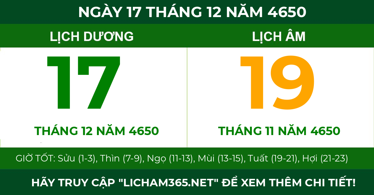 lịch âm ngày 17 tháng 12 năm 4650