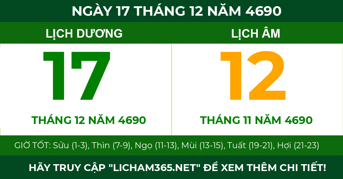 lịch âm ngày 17 tháng 12 năm 4690