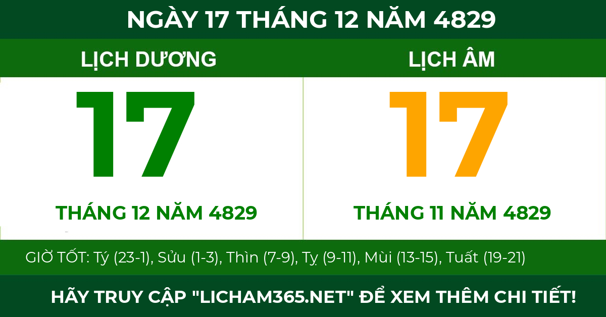 lịch âm ngày 17 tháng 12 năm 4829
