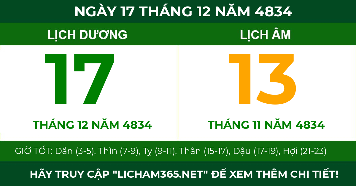 lịch âm ngày 17 tháng 12 năm 4834