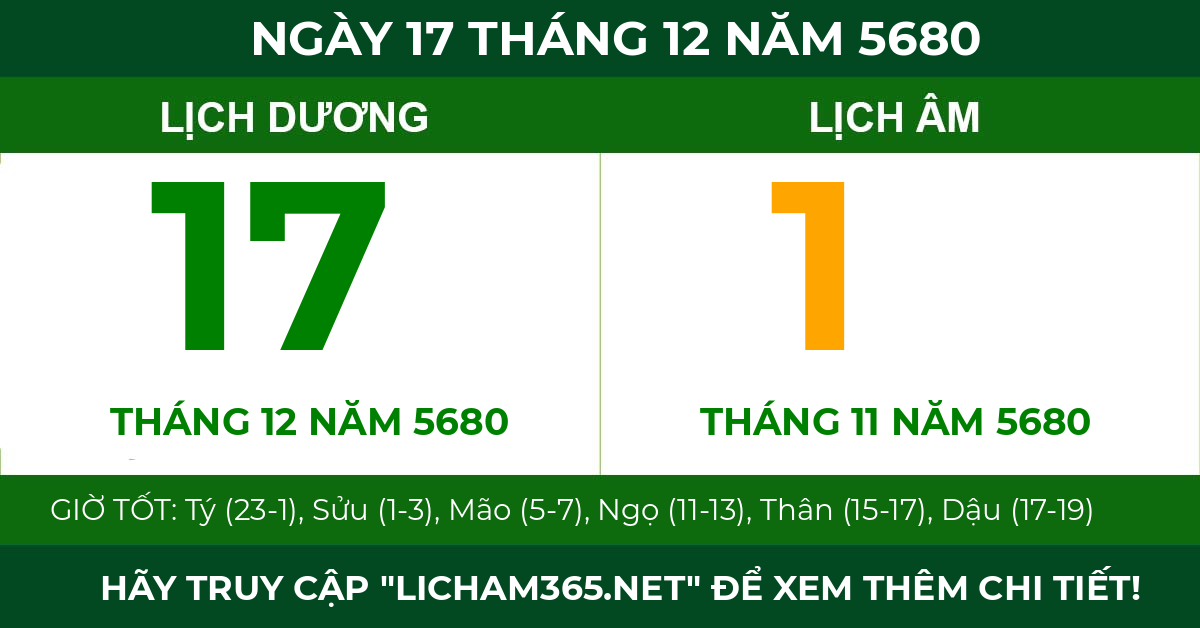 lịch âm ngày 17 tháng 12 năm 5680