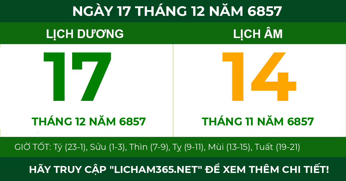 lịch âm ngày 17 tháng 12 năm 6857