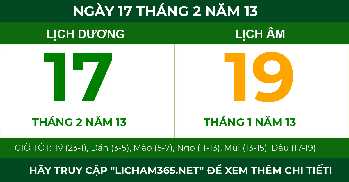 lịch âm ngày 17 tháng 2 năm 13