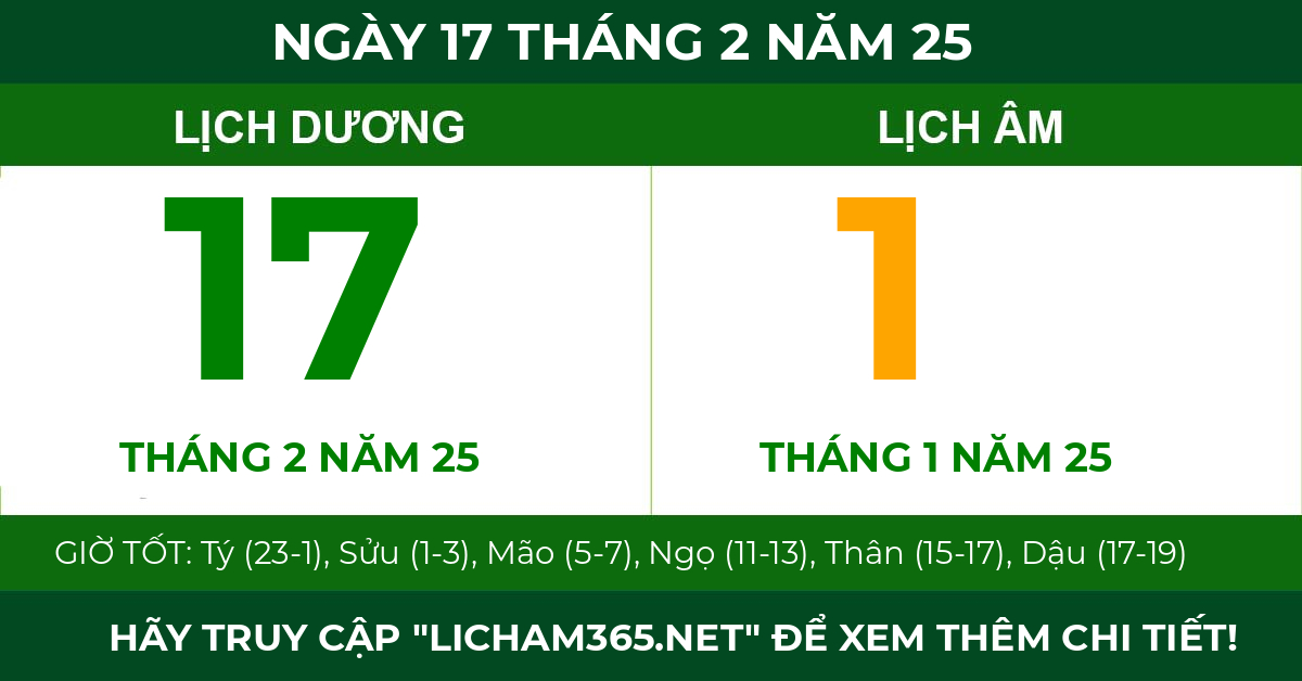lịch âm ngày 17 tháng 2 năm 25