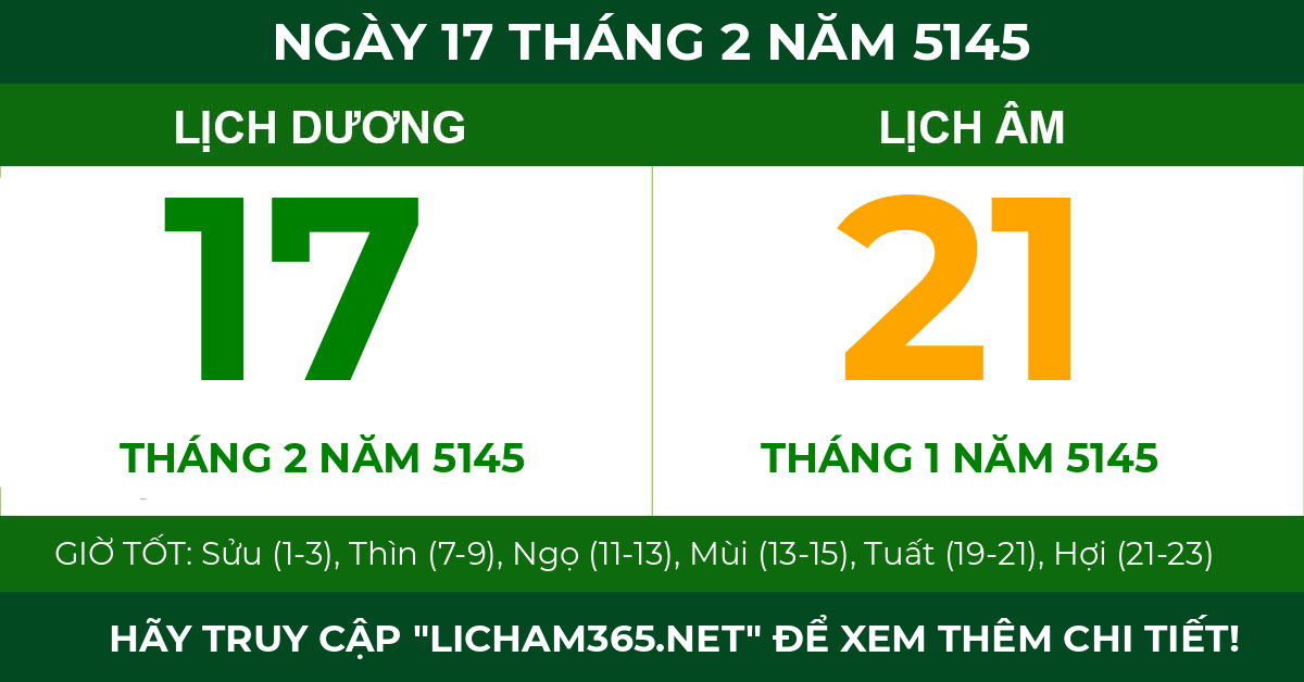lịch âm ngày 17 tháng 2 năm 5145