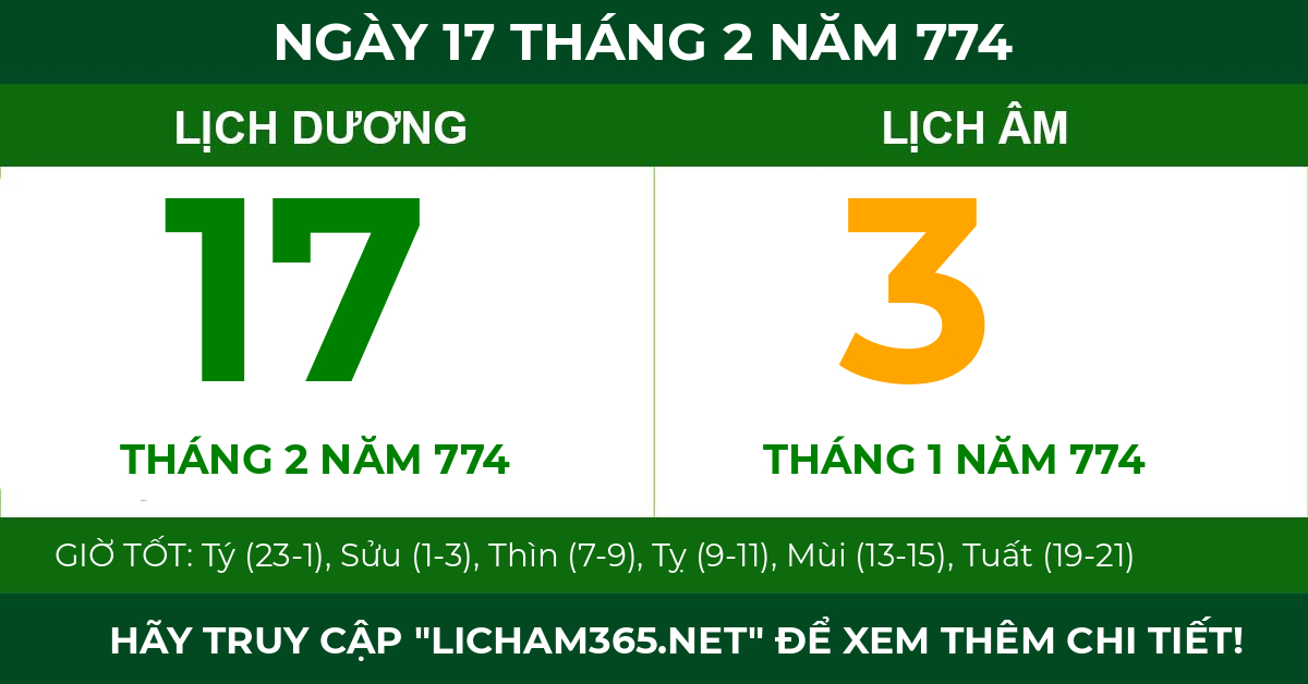 lịch âm ngày 17 tháng 2 năm 774