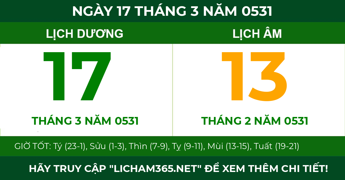 lịch âm ngày 17 tháng 3 năm 0531