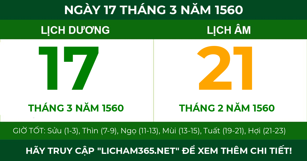 lịch âm ngày 17 tháng 3 năm 1560